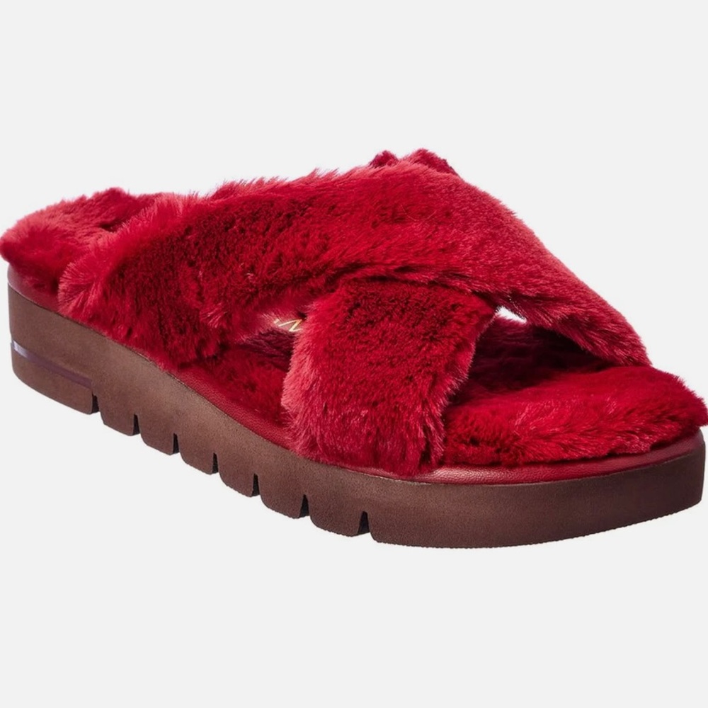 Stuart Weitzman Roza Lift Slide Chile Red Faux Fur Platform Slide Sandal size 5